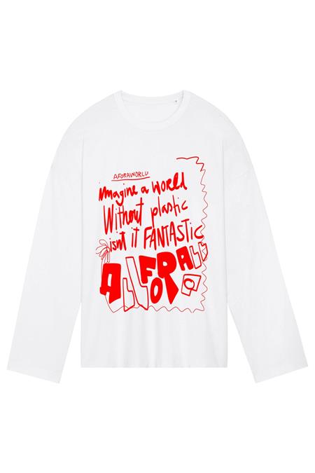 "no Plastic" Long Sleeve In White Vintage Red