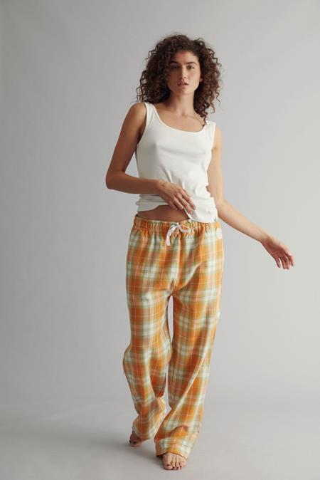 Pyjama Trousers Set Women's Jim Jam Off White & Orange Check
