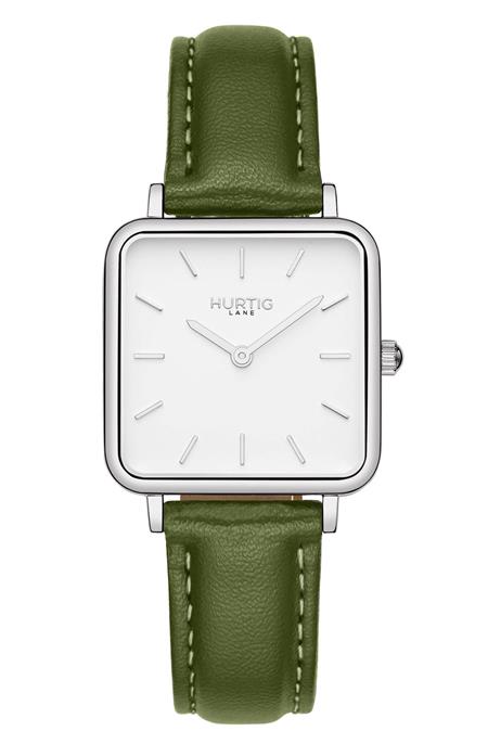 Watch Neliö Square Cactus Leather Silver, White & Green
