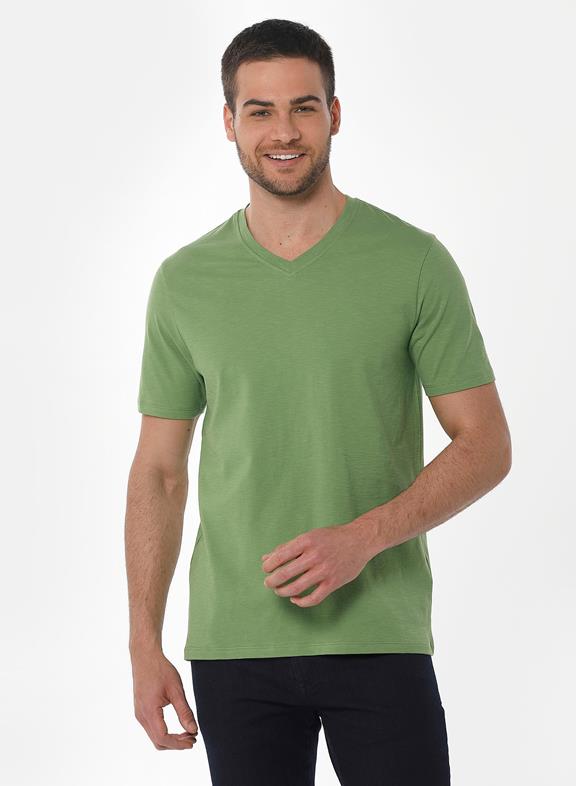 Basic T-Shirt V-Ausschnitt Grasgrün 1