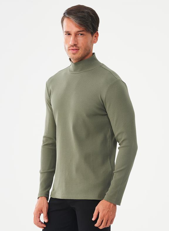 Ribbed Long Sleeve Turtleneck Shirt Khaki Green 3