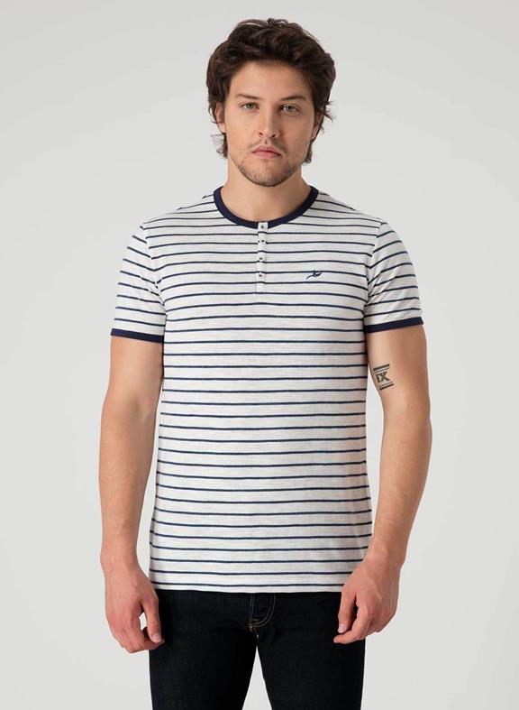 Striped Henley T-Shirt Off White/Navy 1
