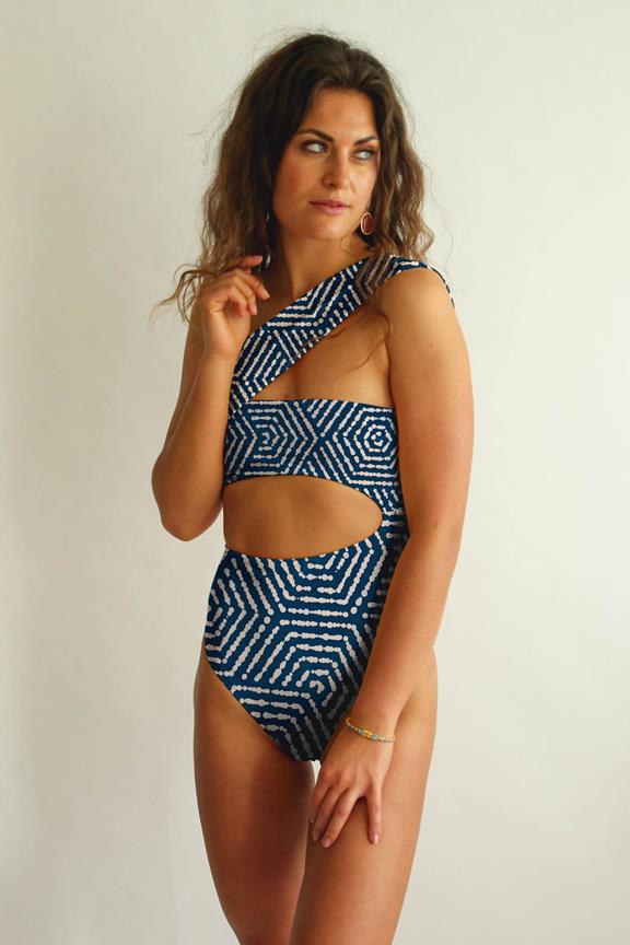 Swimsuit Cut-Out One-Piece Dilla Tie-Dye Hexagon On Indigo Blue 2