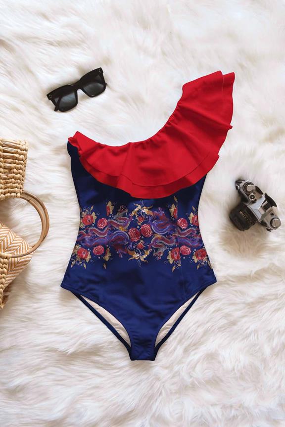 Swimsuit Ruffled One-Piece Avelina Scarlet Dragon Flowers On Navy Blue & Red 1