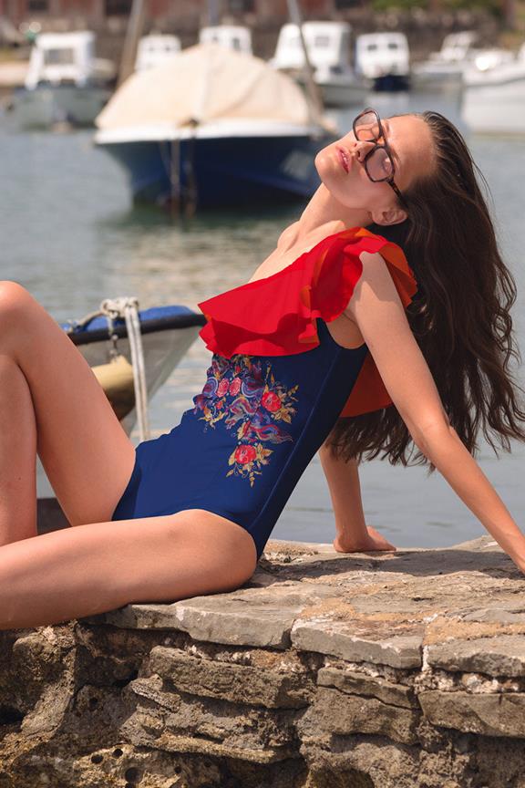 Swimsuit Ruffled One-Piece Avelina Scarlet Dragon Flowers On Navy Blue & Red 4