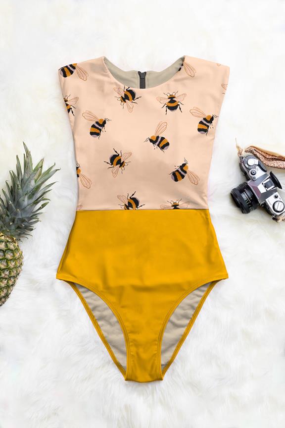 Swimsuit Zip Up One-Piece Bea Bumblebee Print On Creme 1