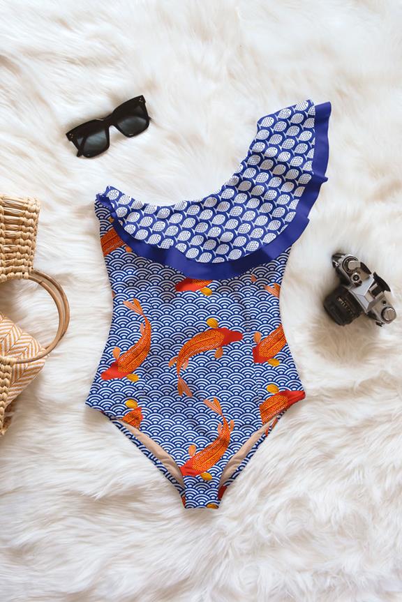 Swimsuit Ruffled One-Piece Nirali Goldfish Print On Navy Blue 1