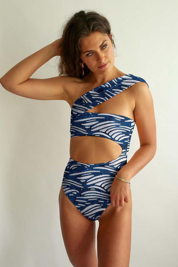 Swimsuit Cut-Out One-Piece Alaska Polka Waves On Blue 4