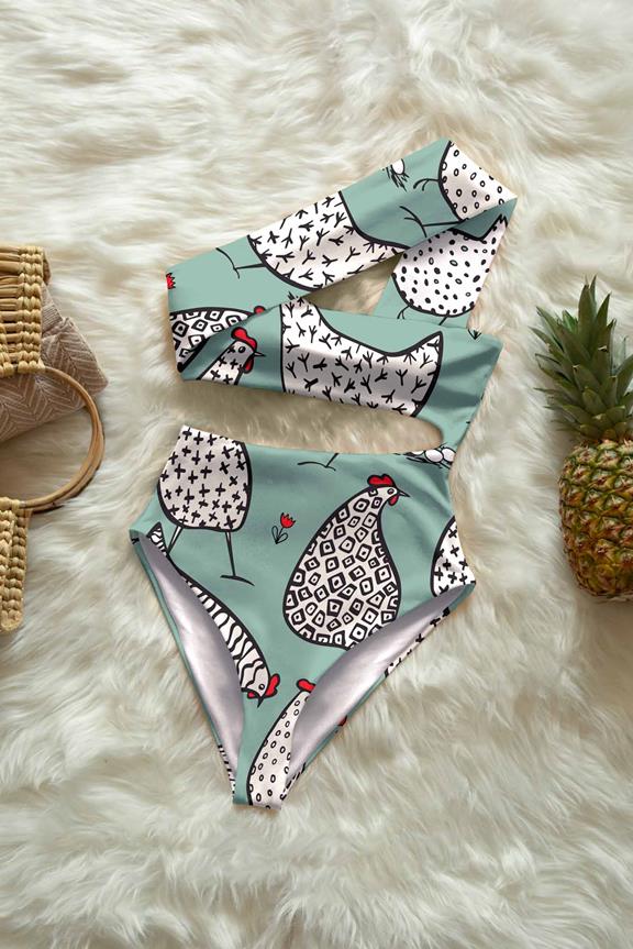 Swimsuit Cut-Out One-Piece Annelise Hen Print On Celeste Turquoise 1
