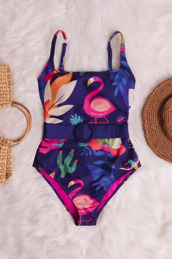 Swimsuit Belted One-Piece Rayne Tropical Wildlife On Deep Purple 2