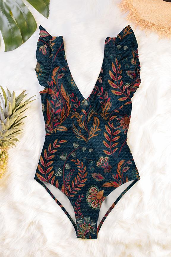 Swimsuit Plunge One-Piece Halley Flowery Print On Cobalt Blue 1