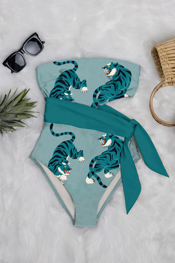 Swimsuit Marina Side-Tie One-Piece Fierce Tigers Print On Sky Blue 1