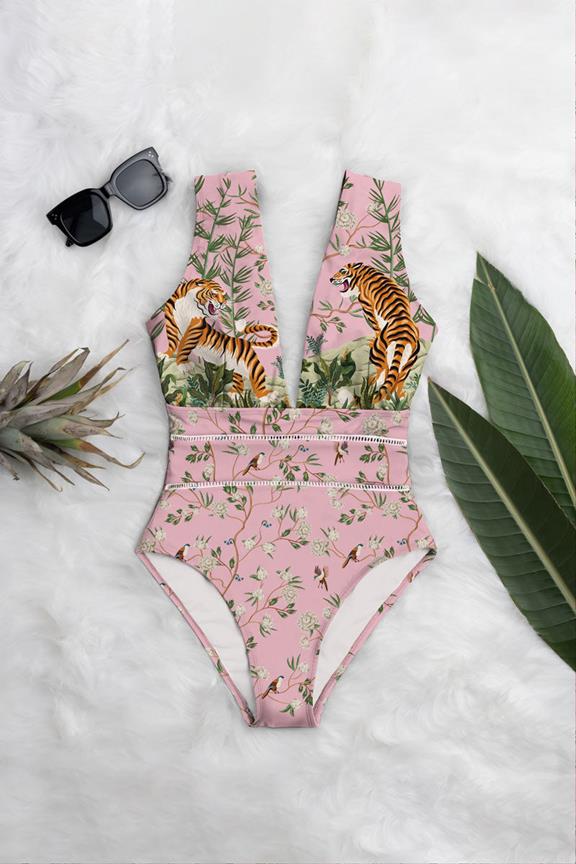 Swimsuit Deep Plunge One-Piece Melina Tiger Blossom Print On Dusty Pink 1