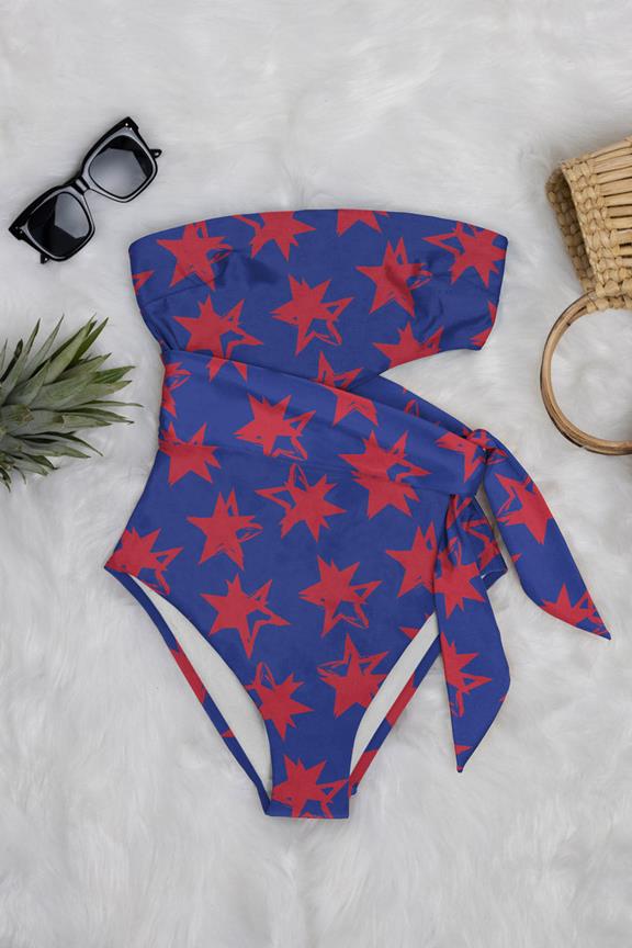 Swimsuit Side-Tie One-Piece Reeva Starry Red Print On Blue 1
