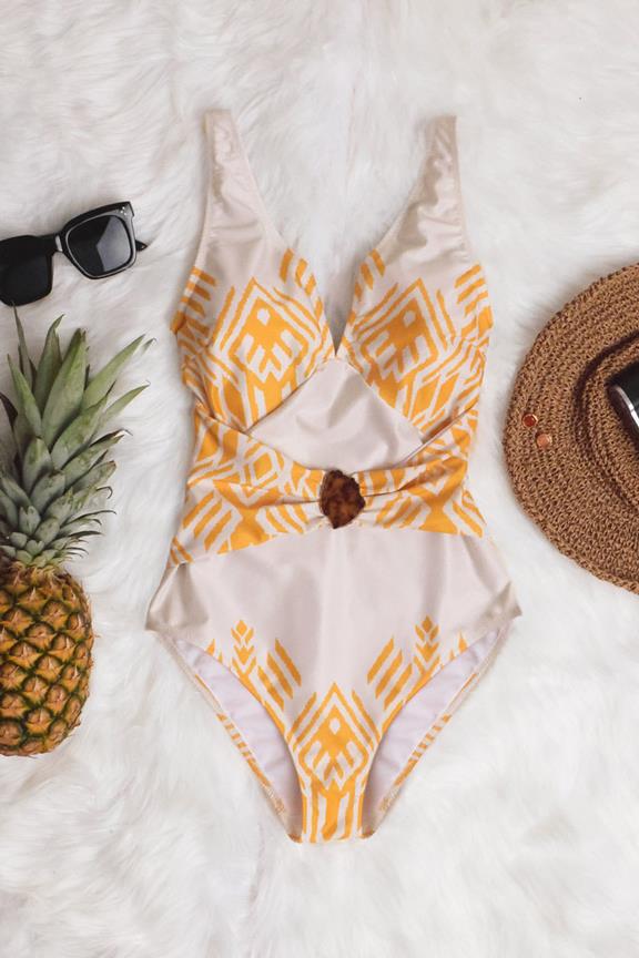 Swimsuit Ring Plunge One-Piece Amber Gold Symmetrical Print On Blanc 1