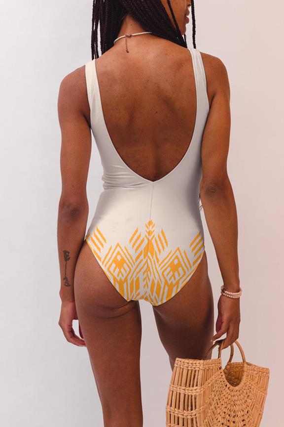 Swimsuit Ring Plunge One-Piece Amber Gold Symmetrical Print On Blanc 4