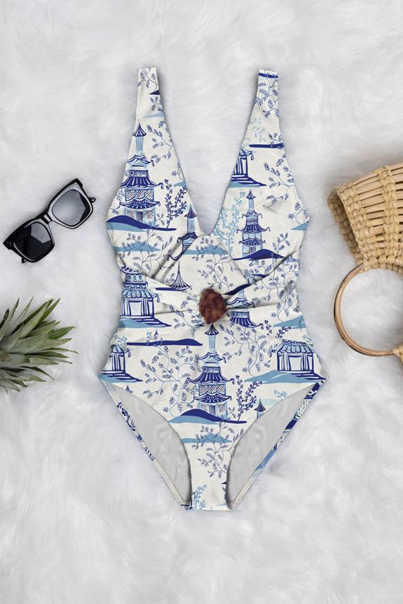 Swimsuit Himari Ring Plunge One-Piece Pagoda Print On Blue And White 1