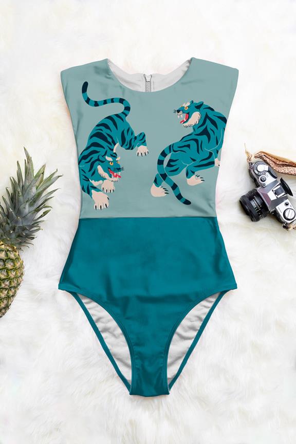 Swimsuit Zip Up One-Piece Marina Fierce Tigers Print On Sky Blue 1