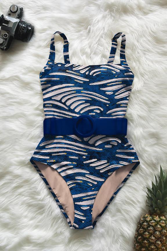 Swimsuit Belted One-Piece Alaska Polka Waves On Blue 1