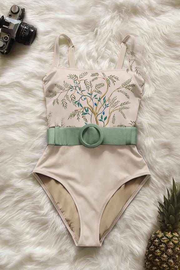 Swimsuit Belted One-Piece Nadeen Blooming Trees On Pearl 1