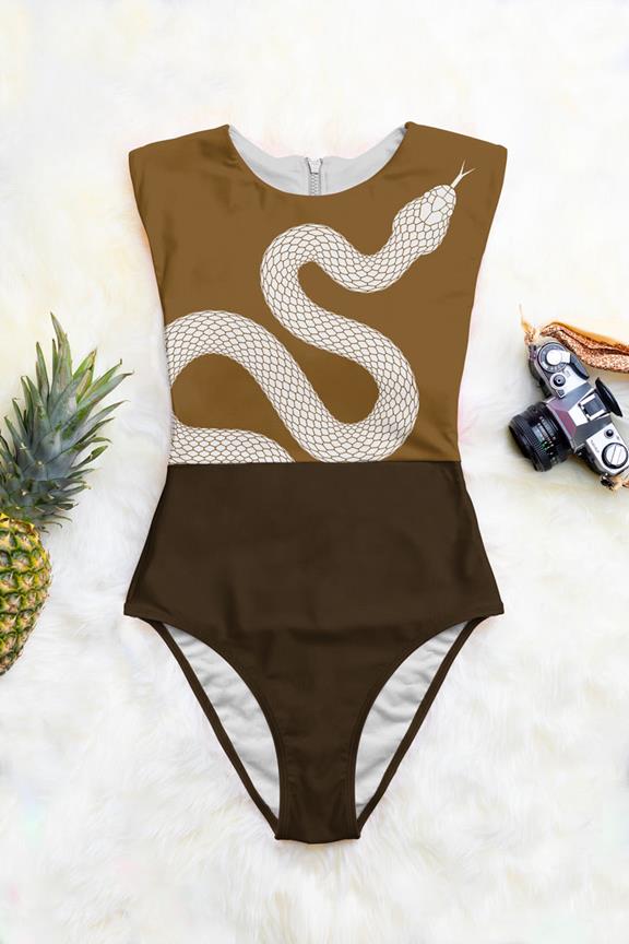 Swimsuit Zip Up One-Piece Corina Snake Print On Olive Green 1