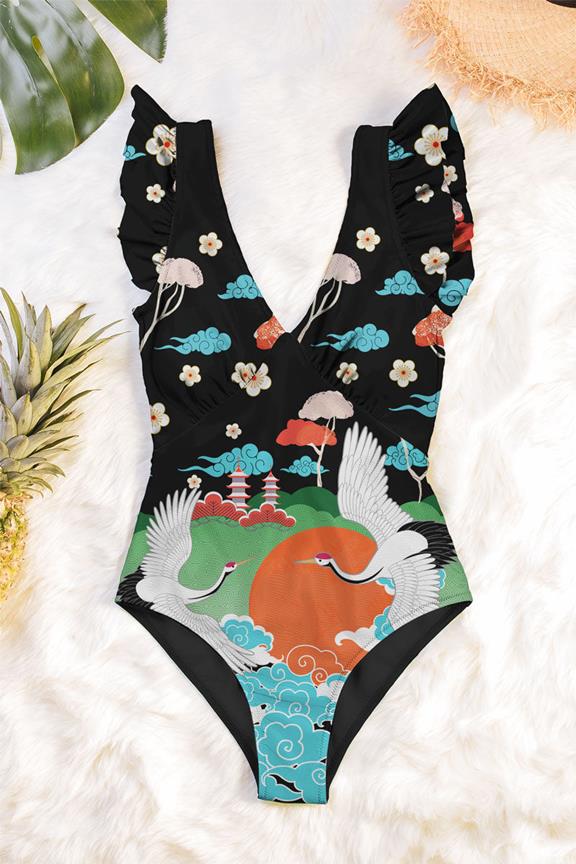 Swimsuit Plunge One-Piece Narina Blossoms Print On Black 1