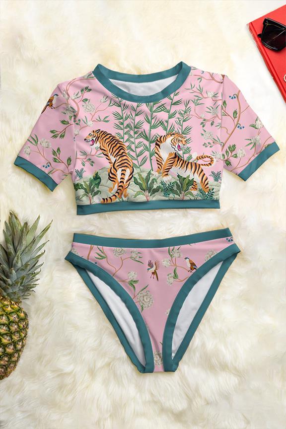 Swimsuit Crop Top Bikini Melina Tiger Blossom Print On Dusty Pink 1