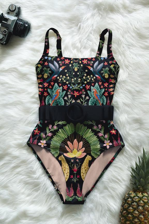 Swimsuit Belted One-Piece Blaise Vibrant Rainforest Print On Black 1