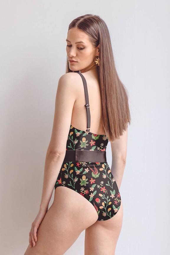 Swimsuit Belted One-Piece Blaise Vibrant Rainforest Print On Black 3