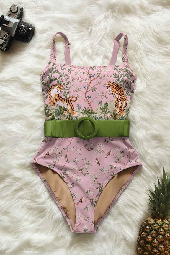Swimsuit Belted One-Piece Melina Tiger Blossom Print On Dusty Pink 1