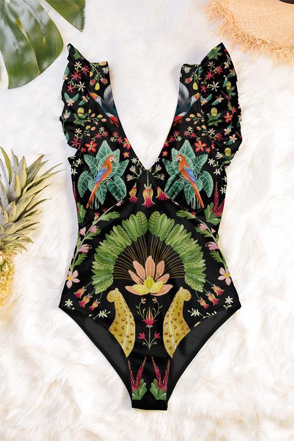 Swimsuit Plunge One-Piece Blaise Vibrant Rainforest Print On Black 1