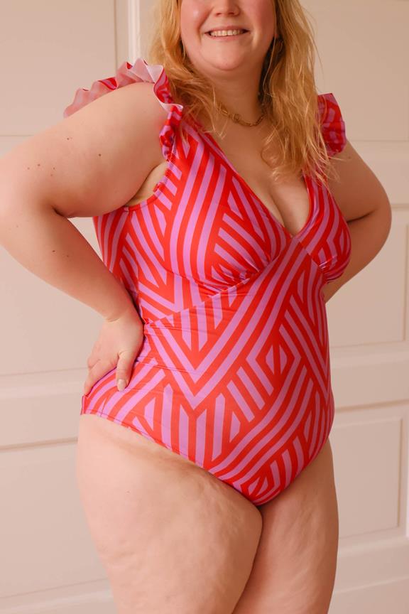 Swimsuit Plunge One-Piece Cerise Magenta With Orange Stripes 10
