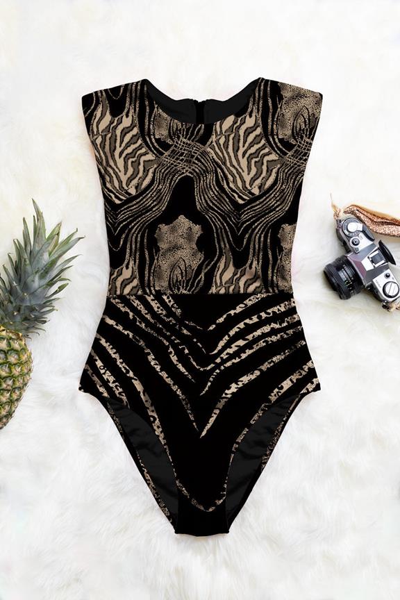 Swimsuit Xolani Zip Up One-Piece Wild Gold Print On Black 2
