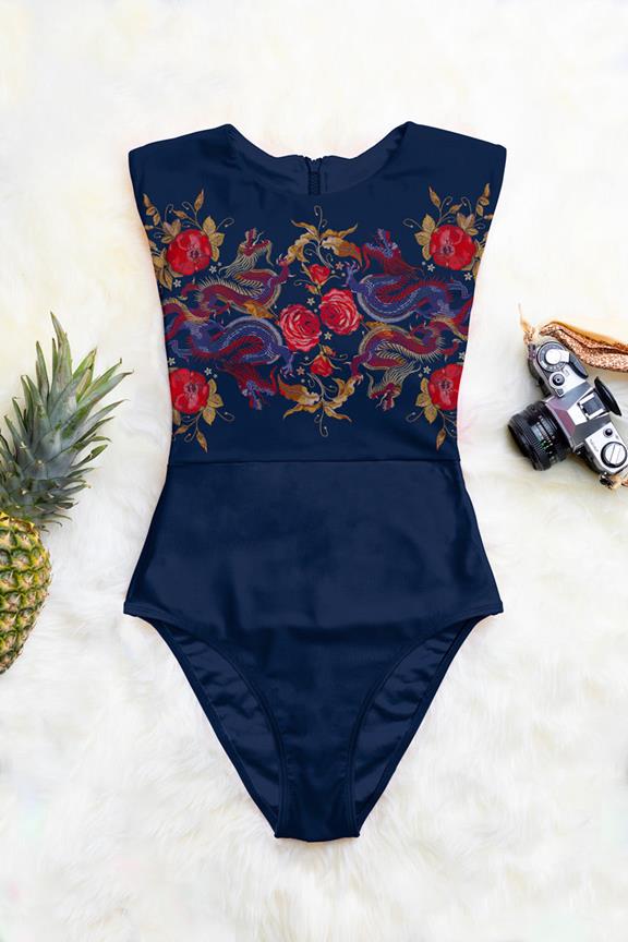 Swimsuit Zip Up One-Piece Avelina Scarlet Dragon Flowers On Navy Blue 1
