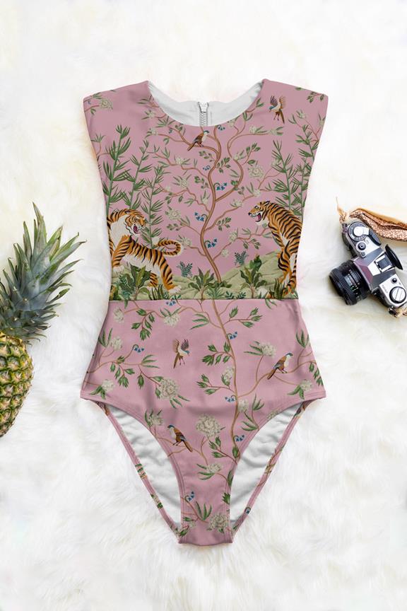 Badeanzug Zip Up One-Piece Melina Tiger Blossom Print On Dusty Pink 1