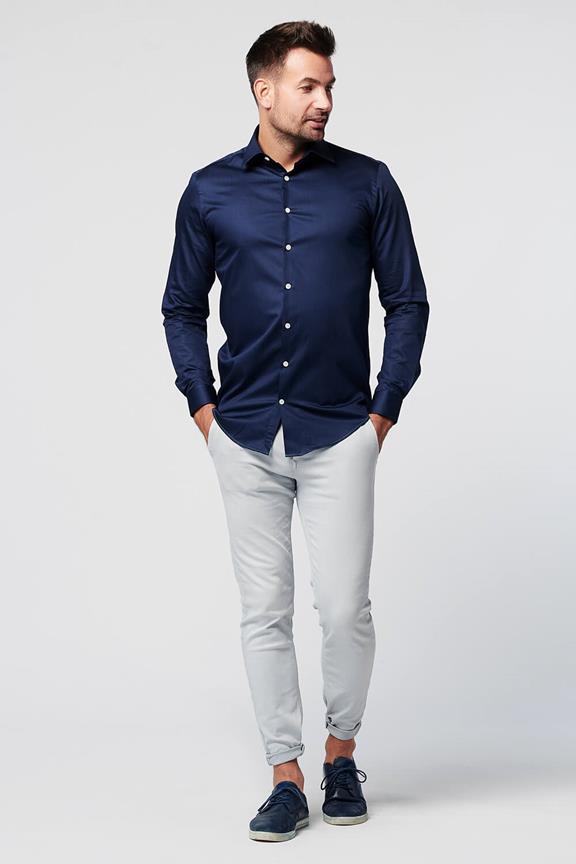 Overhemd - Slim Fit - Marineblauw Satijn 3