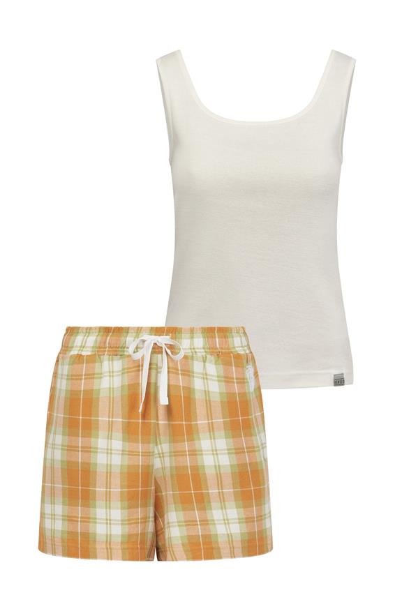 Pyjama Shorts Set Women's Jim Jam Off White & Orange Check 1