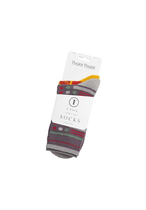 Mid Socks 2x Pack Warm Fancy Herringbone Brick Red & Geometric Mix Dark Grey 2