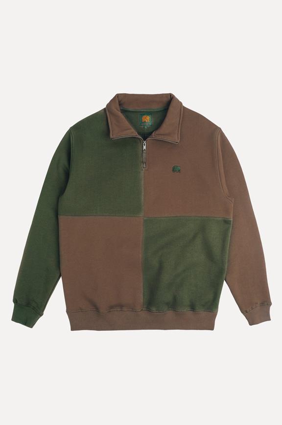 Sweater Half Zip Color Block Olive Green & Woods Brown 1
