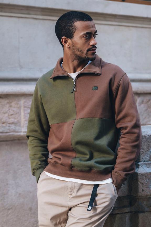 Sweater Half Zip Color Block Olive Green & Woods Brown 6