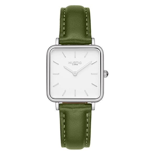 Watch Neliö Square Cactus Leather Silver, White & Green 1