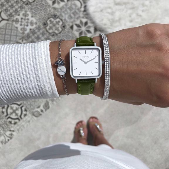 Watch Neliö Square Cactus Leather Silver, White & Green 3