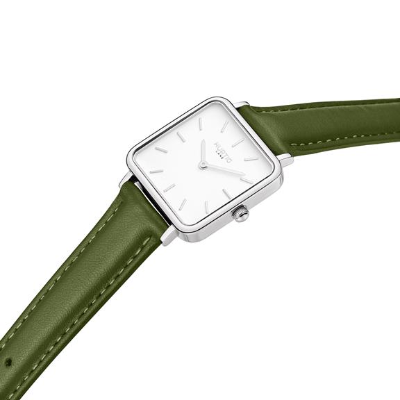 Watch Neliö Square Cactus Leather Silver, White & Green 6