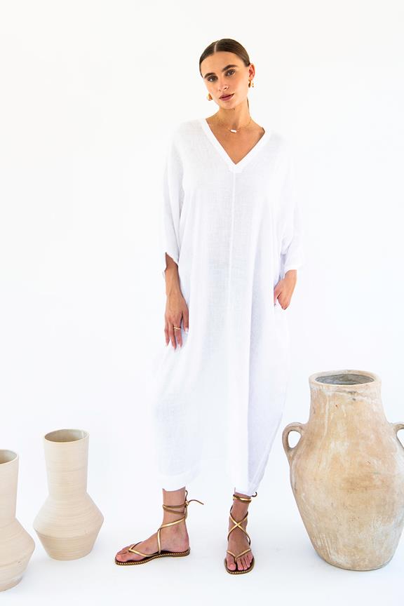 Neu Nomads Womens Vegan Dress Isla Kaftan White White M Linnen regulier