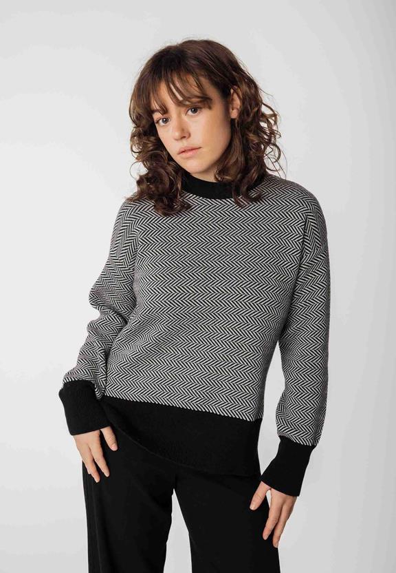 Gebreide Trui Jacquard Faiza Zwart/CrÃ¨me Visgraatmotief via Shop Like You Give a Damn