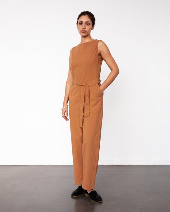 Jumpsuit Mouwloos Seersucker Karamel via Shop Like You Give a Damn
