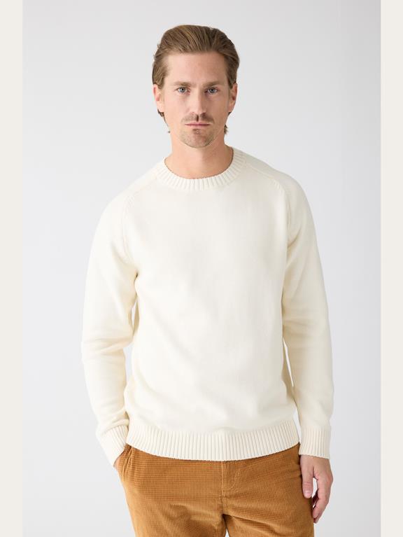 KnowledgeCotton Apparel Knitted Sweater Plain Crew Neck Egret White