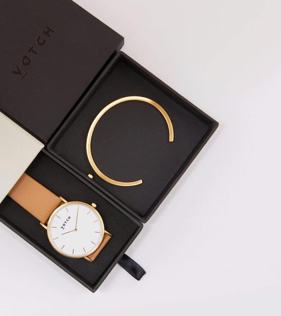 Gold Bangle With Gold & Tan Classic Watch 1